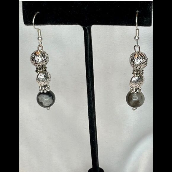 Silver Tone Dangle Earrings with Amazonite and Textured and Embossed Beads- NEW - Picture 1 of 4